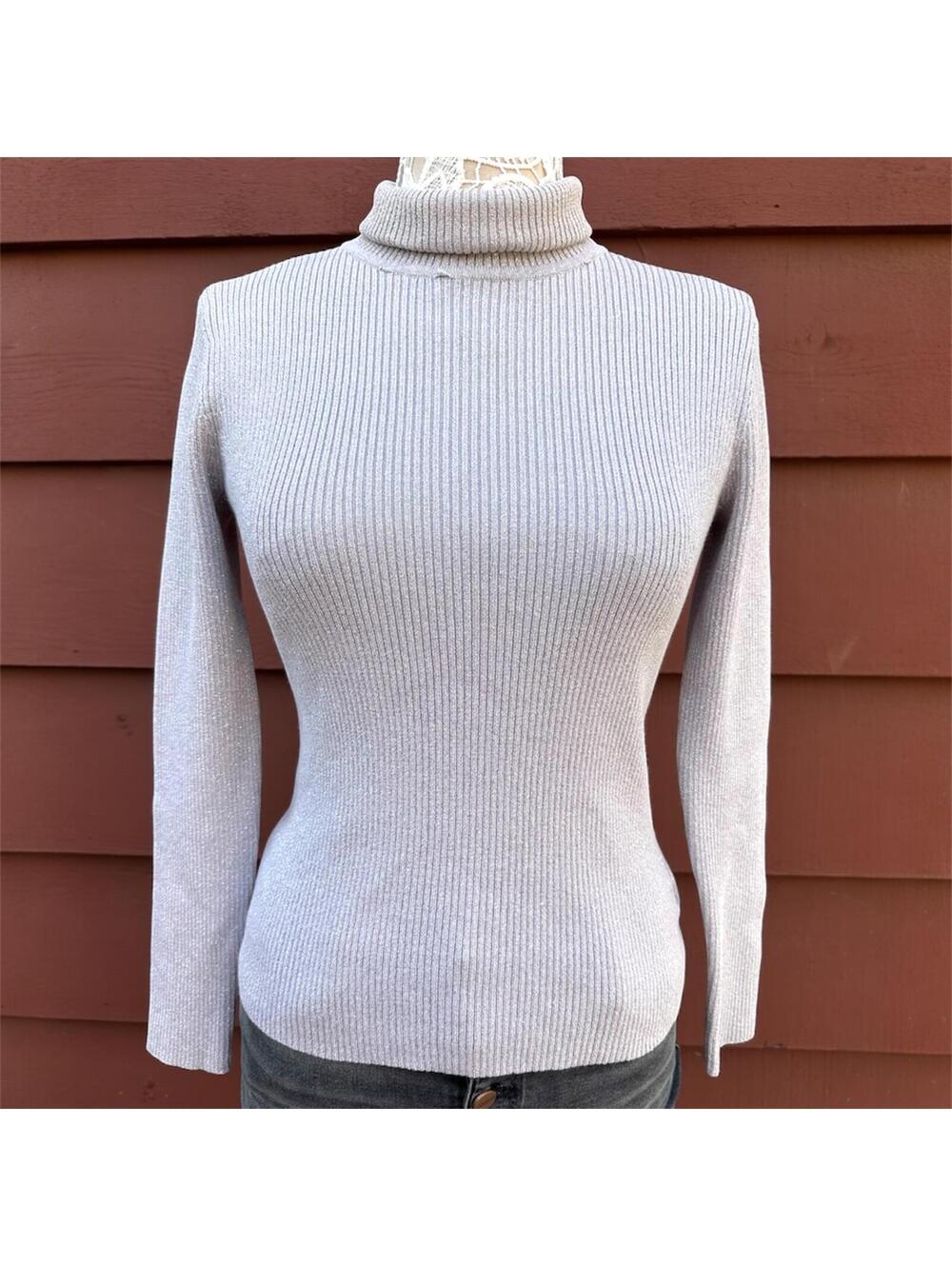 Style & Co Metallic Silver Ribbed Turtleneck Sweater‎ Gray Silver